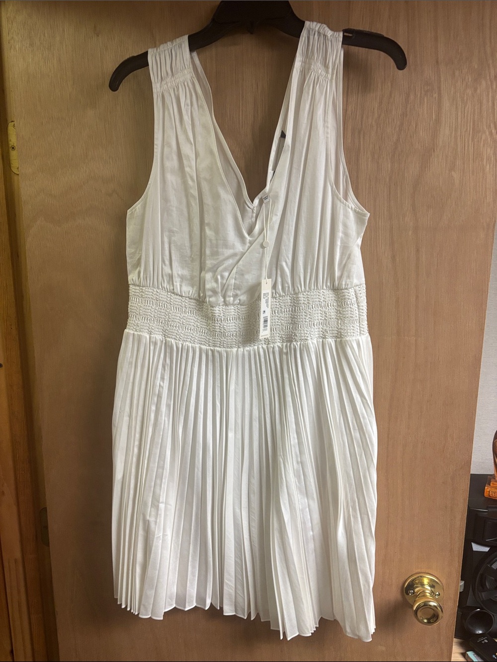 REBECCA TAYLOR White Pleated Smocked-Waist Sleeveless Dress